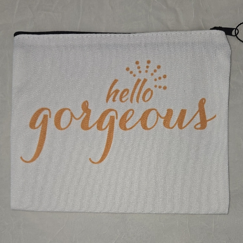Off-White Cosmetic Bag with Golden Script and Crown Design